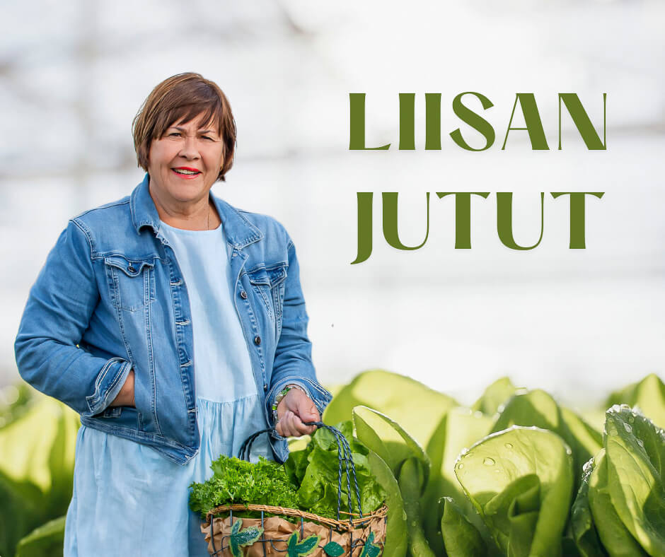 Kuvassa on hymyilevä Liisa Lindroth salaattikorin kanssa.